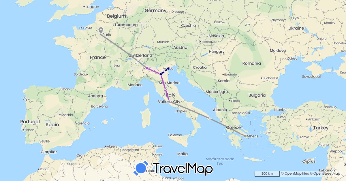 TravelMap itinerary: driving, plane, train in France, Greece, Italy (Europe)